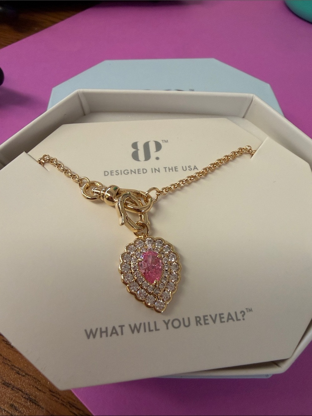 Bomb Party Gold Necklace with Pink Teardrop Halo Pendant by BP.